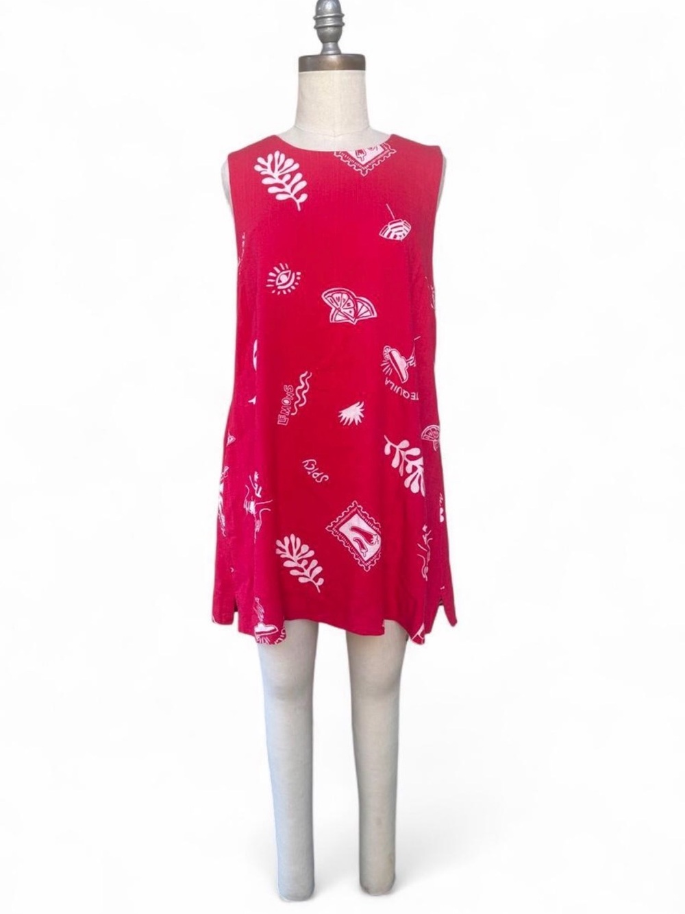 Red Paper Heart Linen Blend sleeveless Dress Resort Beach Mojito Vacation Size L